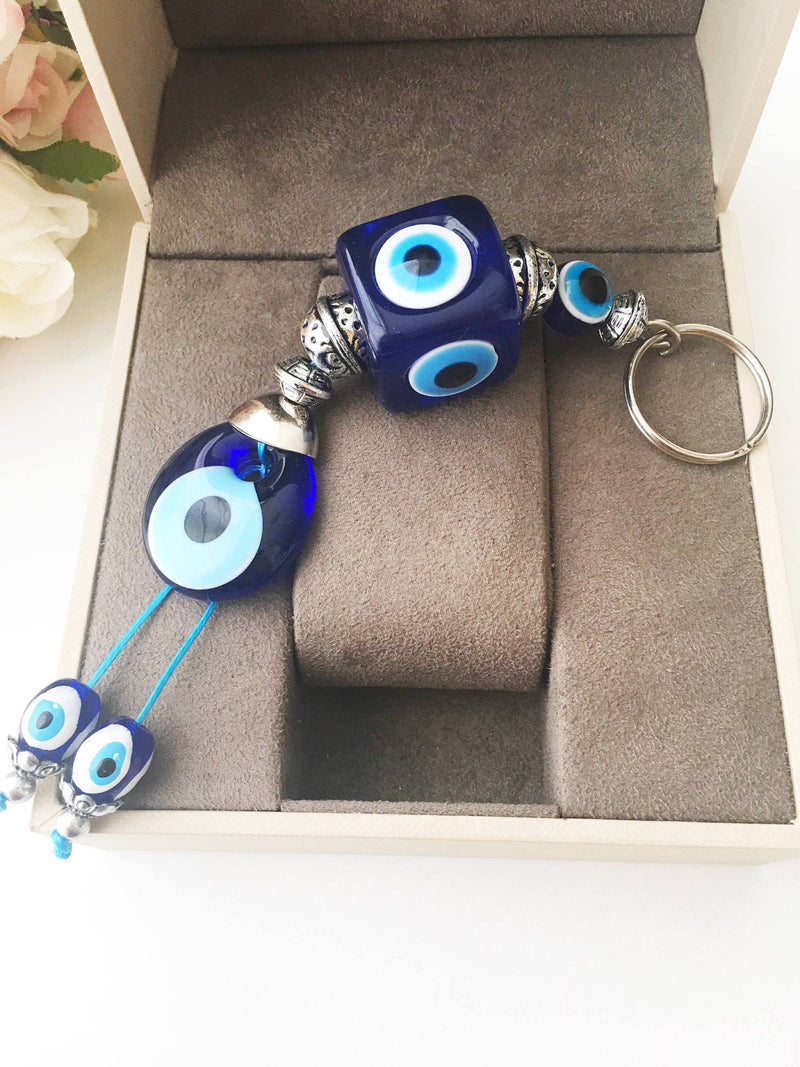 Evil Eye Key Chain, Square Evil Eye Beads, Evil Eye Key Ring, Evil Eye Bag Charm