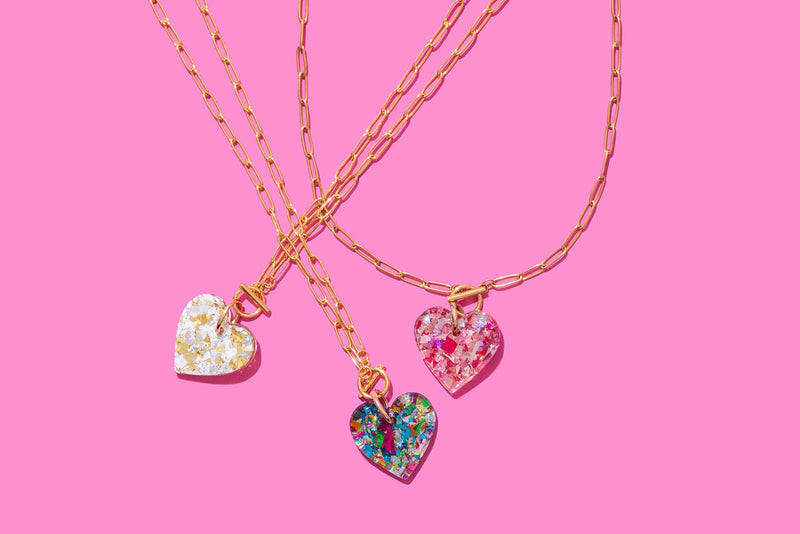 Paperclip Chain Necklace - Heart Pendant - Pearl Confetti