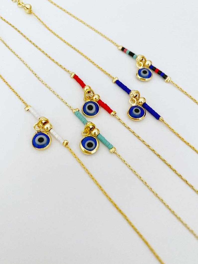 Gold Evil Eye Bracelet, Miyuki Bead Bracelet, Blue Evil Eye Charm, Seed Beads