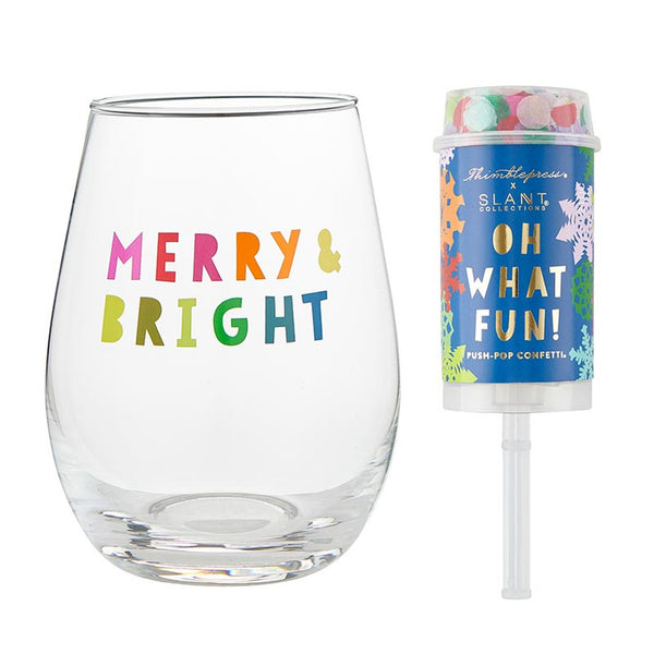 WINEGLASS & POPPER GIFT SET - OH WHAT FUN MERRY & BRIGHT