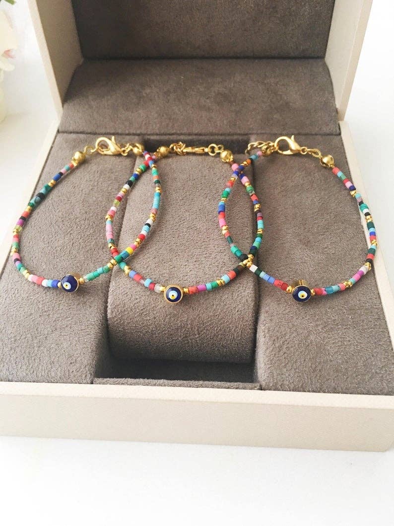 Rainbow Evil Eye Bracelet, Seed Beads Bracelet, Greek Evil Eye Jewelry