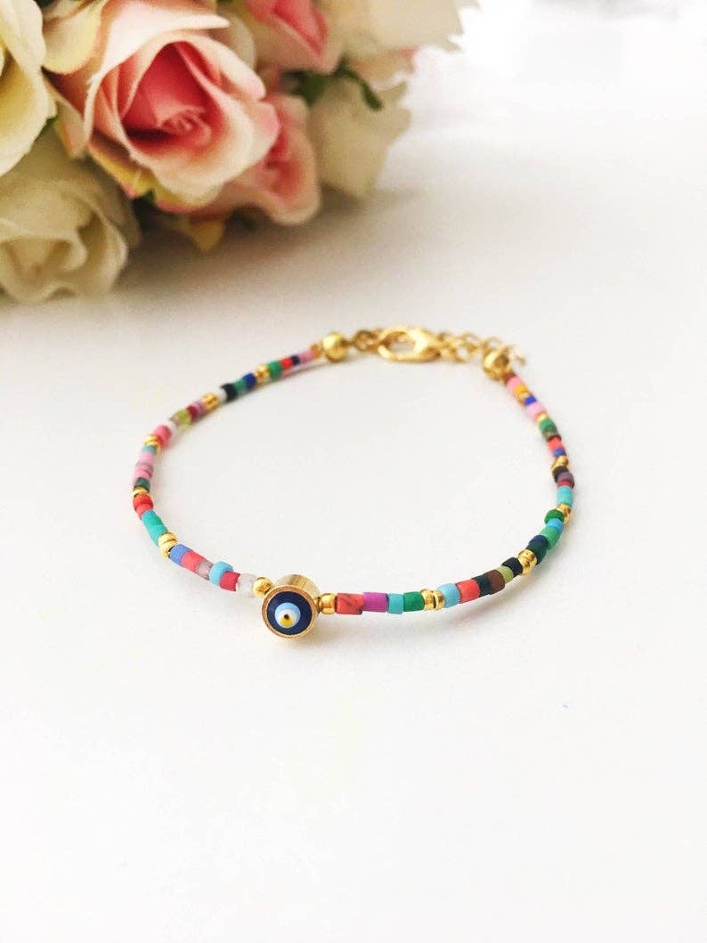 Rainbow Evil Eye Bracelet, Seed Beads Bracelet, Greek Evil Eye Jewelry