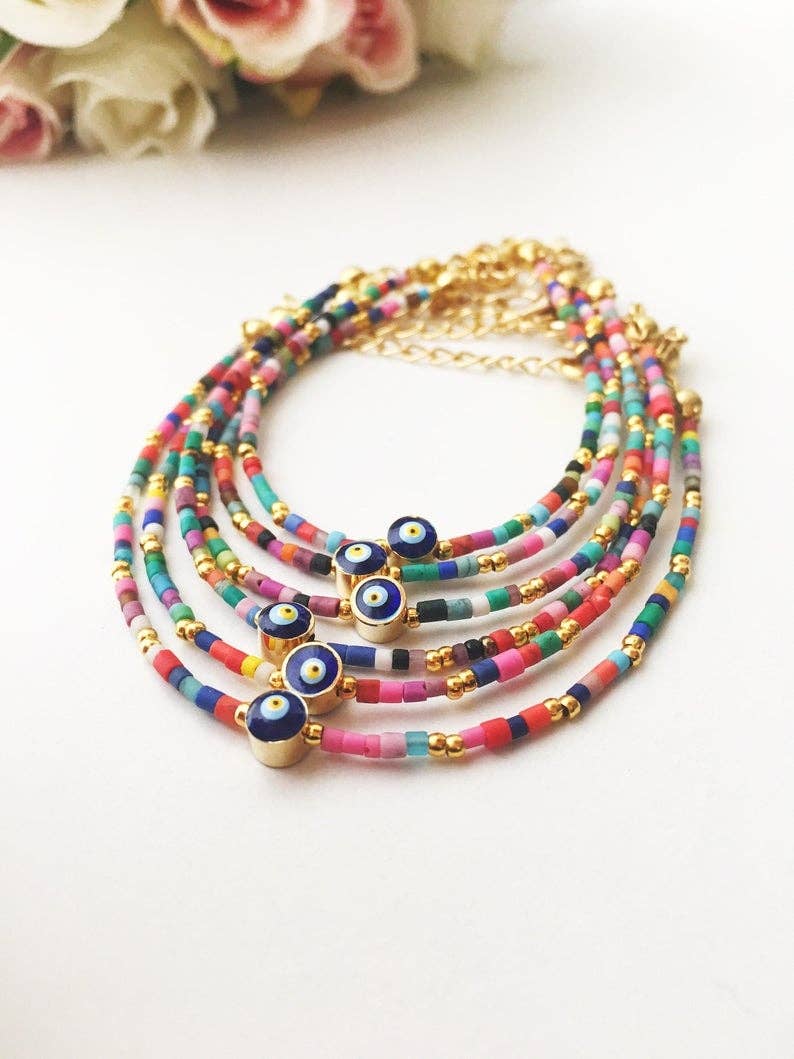 Rainbow Evil Eye Bracelet, Seed Beads Bracelet, Greek Evil Eye Jewelry