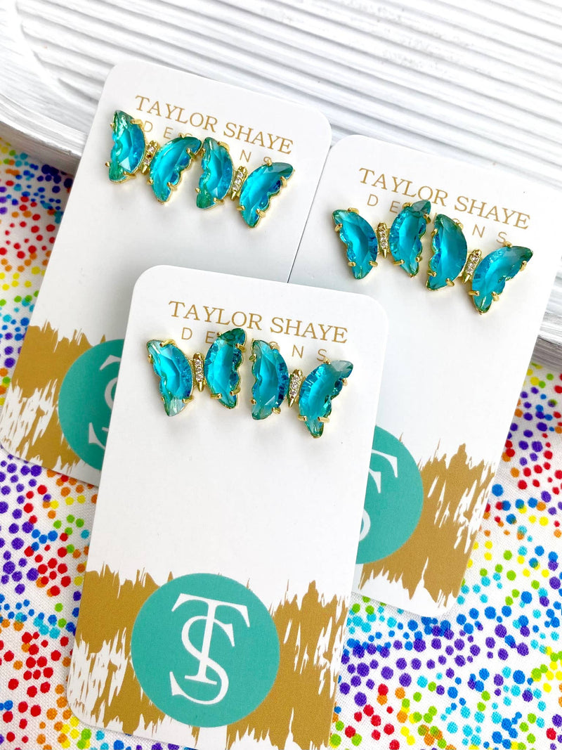 Colorful Crystal Butterfly Studs: Green
