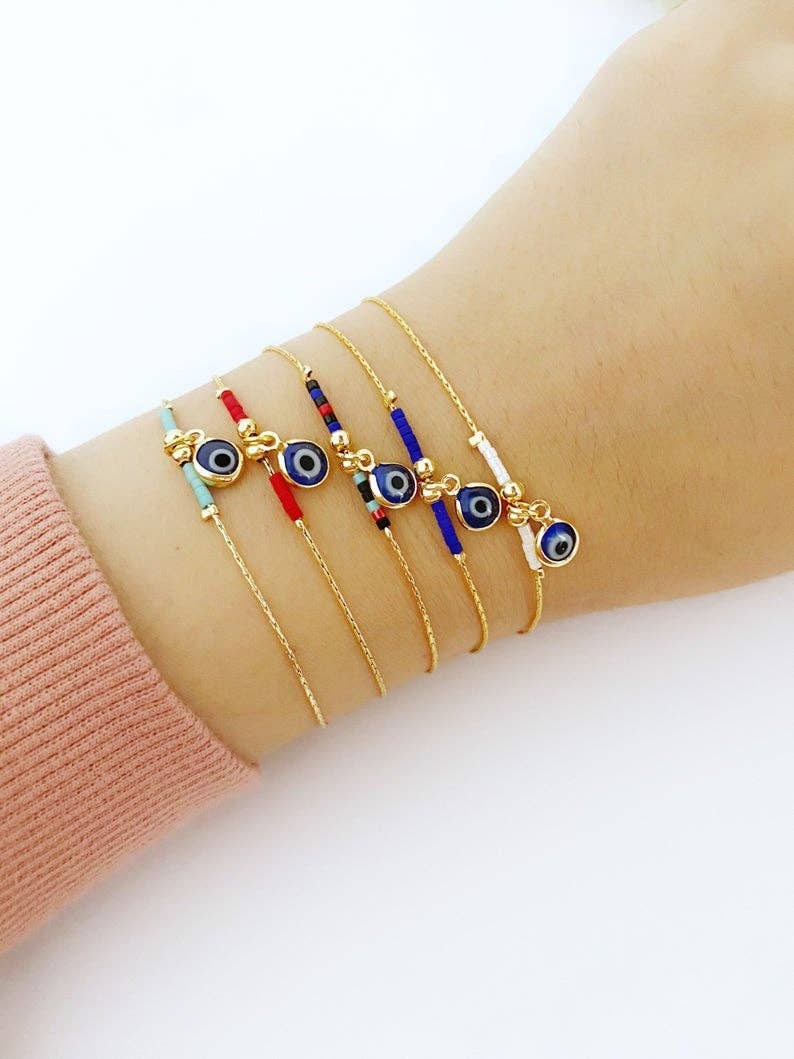 Gold Evil Eye Bracelet, Miyuki Bead Bracelet, Blue Evil Eye Charm, Seed Beads