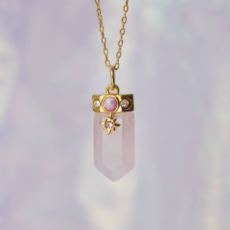 Celestial Crystal Charm, Rose Quartz Necklace
