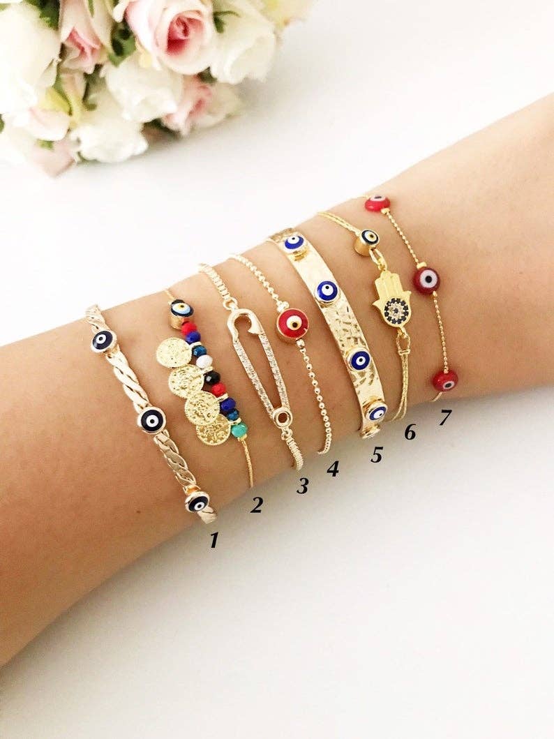 Evil Eye Bracelet, Red Evil Eye Bead, Minimalist Gold Bracelets