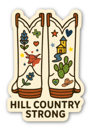 Hill Country Strong Sticker – Texas Boots with Western Motif