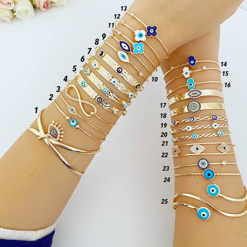 Evil Eye Cuff Bracelet, Gold Evil Eye Jewelry, Bangle Bracelet, 25 Styles