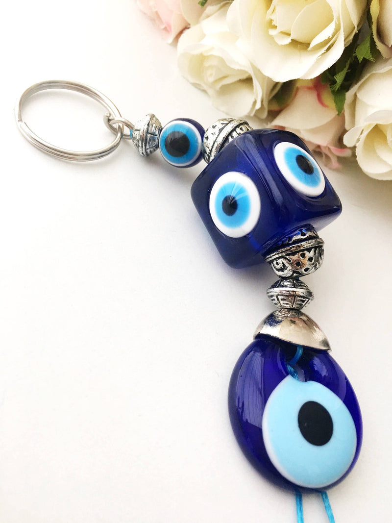 Evil Eye Key Chain, Square Evil Eye Beads, Evil Eye Key Ring, Evil Eye Bag Charm