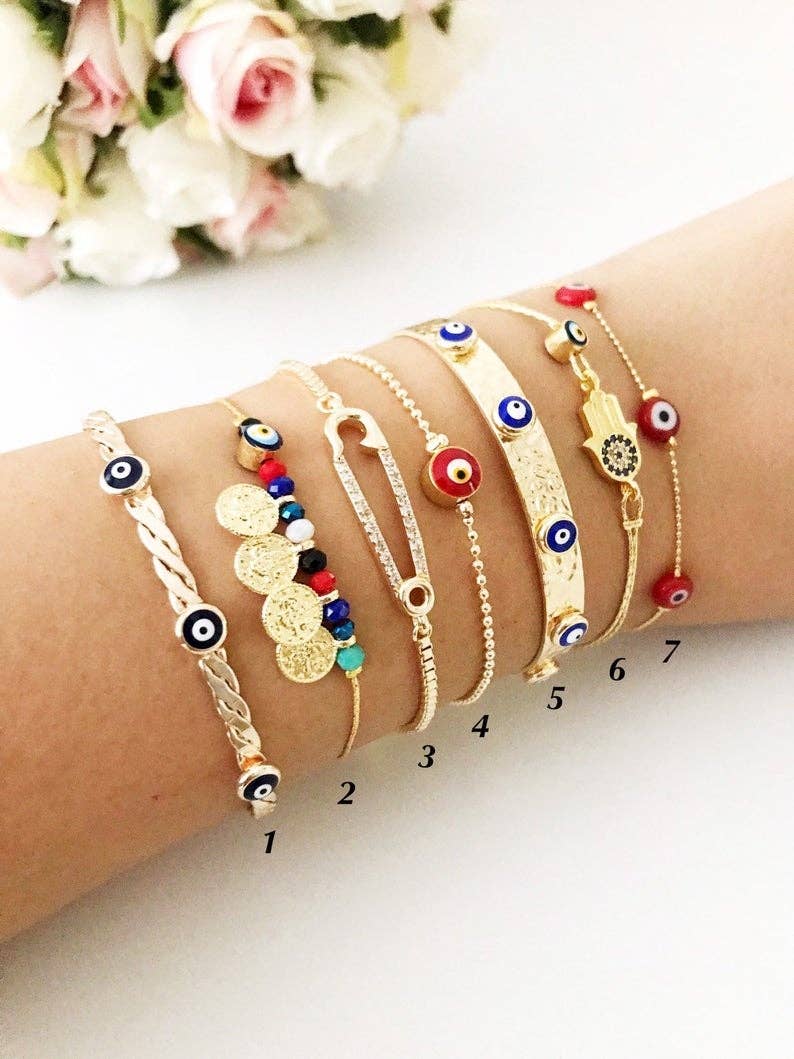 Evil Eye Bracelet, Red Evil Eye Bead, Minimalist Gold Bracelets