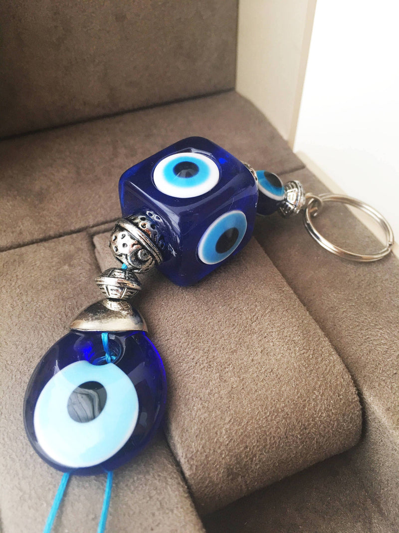 Evil Eye Key Chain, Square Evil Eye Beads, Evil Eye Key Ring, Evil Eye Bag Charm