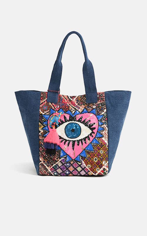 Watch Over Me Evil Eye Denim Tote