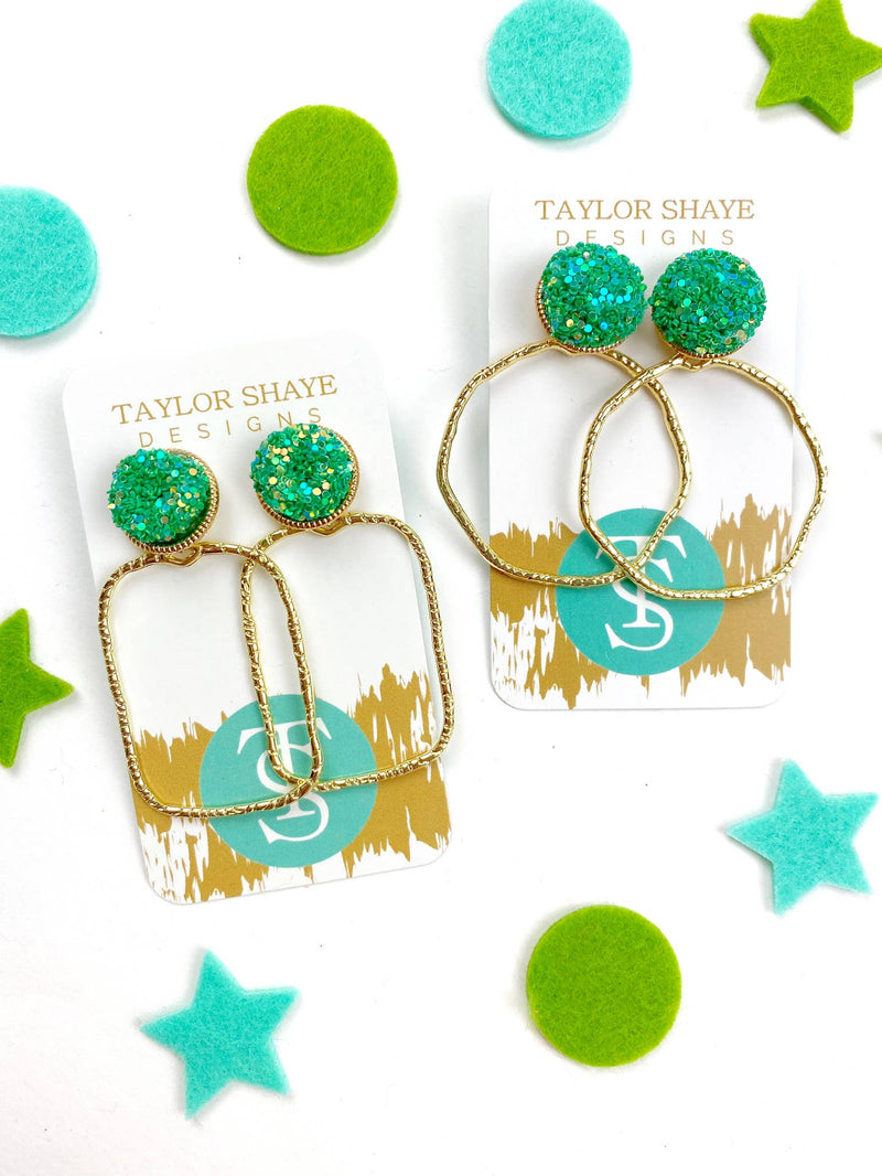 Spring Glitter Top Hoops: Mint / Rectangle