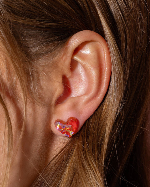 Stud Earrings - Acrylic Hearts - Red + Pink Confetti