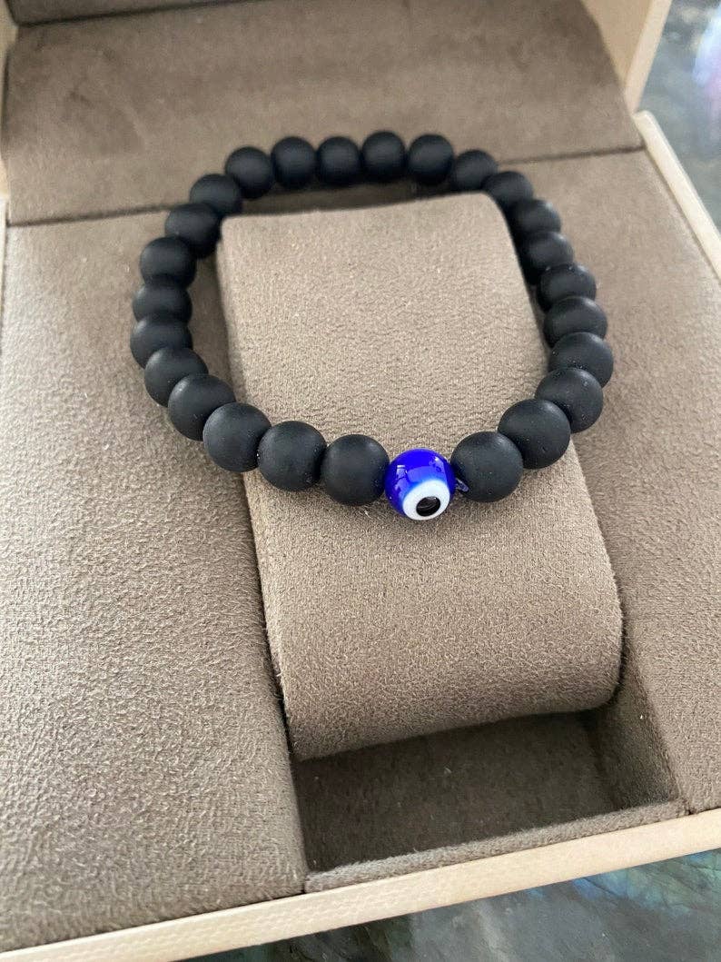 Evil Eye Bracelet for Men, Natural Stone Onyx Bead Bracelet