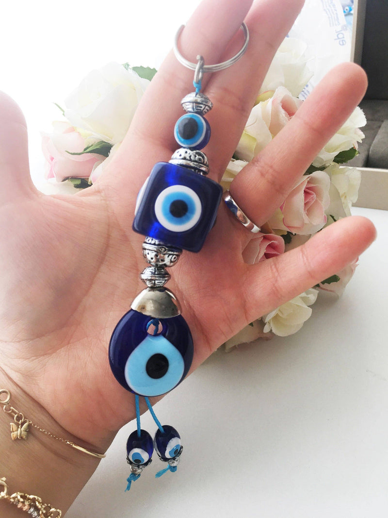 Evil Eye Key Chain, Square Evil Eye Beads, Evil Eye Key Ring, Evil Eye Bag Charm