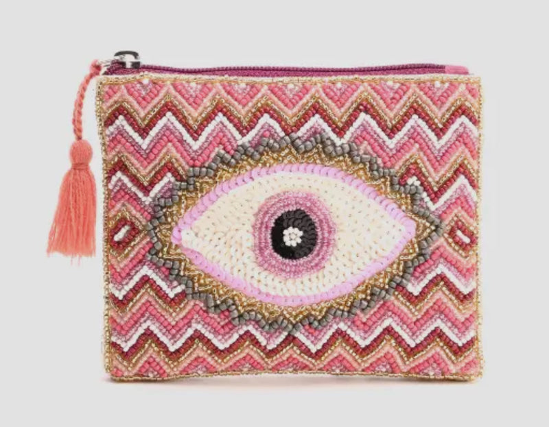 Embellished Evil Eye Coin Bag - Coral