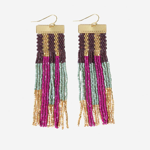 McKenzie Brass Bar Long Fringe Earrings Ember, Gold, Mint