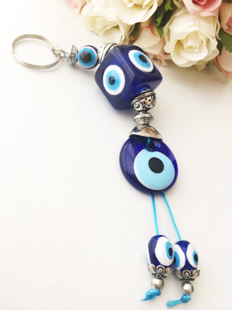 Evil Eye Key Chain, Square Evil Eye Beads, Evil Eye Key Ring, Evil Eye Bag Charm