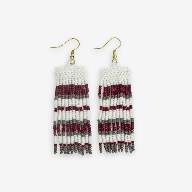 Adaline Horizontal Stripes Beaded Fringe Earrings Gray + Crimson