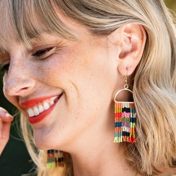 Allison Checkered Beaded Fringe Earrings Multicolor