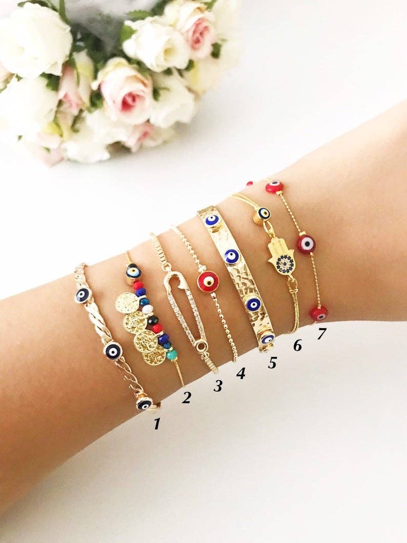 Evil Eye Bracelet, Red Evil Eye Bead, Minimalist Gold Bracelets