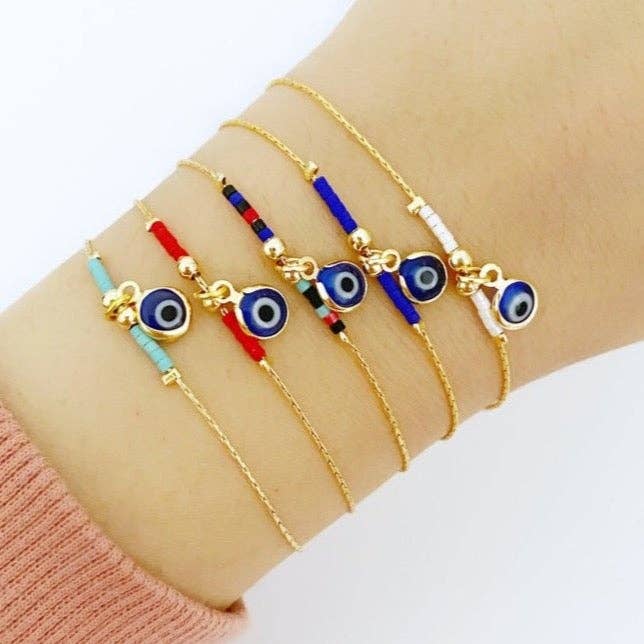 Gold Evil Eye Bracelet, Miyuki Bead Bracelet, Blue Evil Eye Charm, Seed Beads
