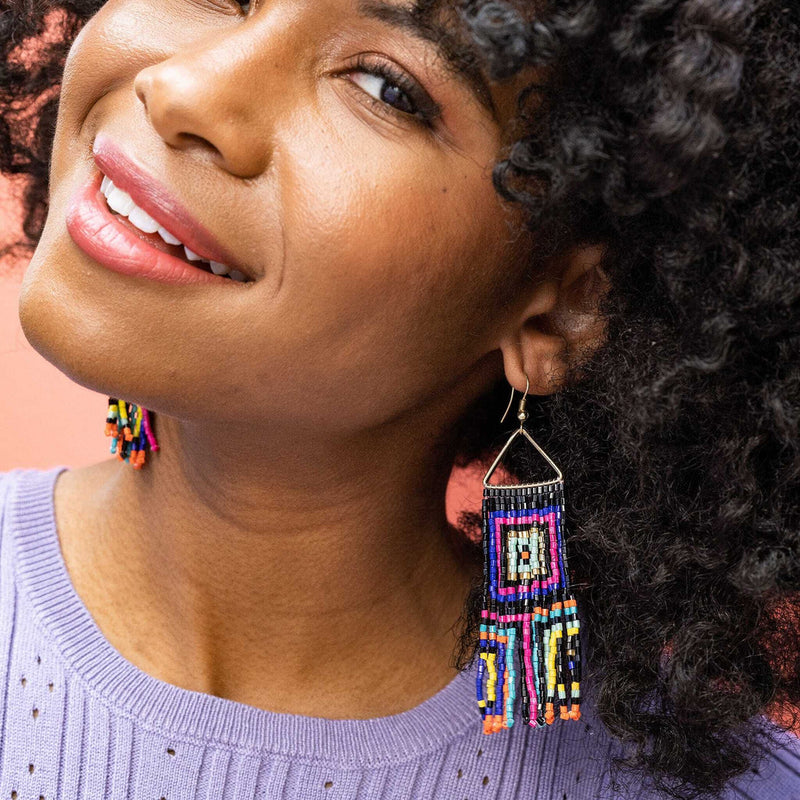 Brooke Squares Beaded Fringe Earrings Neon Black