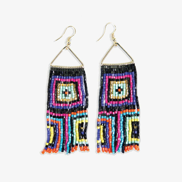 Brooke Squares Beaded Fringe Earrings Neon Black