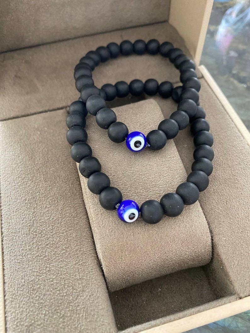 Evil Eye Bracelet for Men, Natural Stone Onyx Bead Bracelet