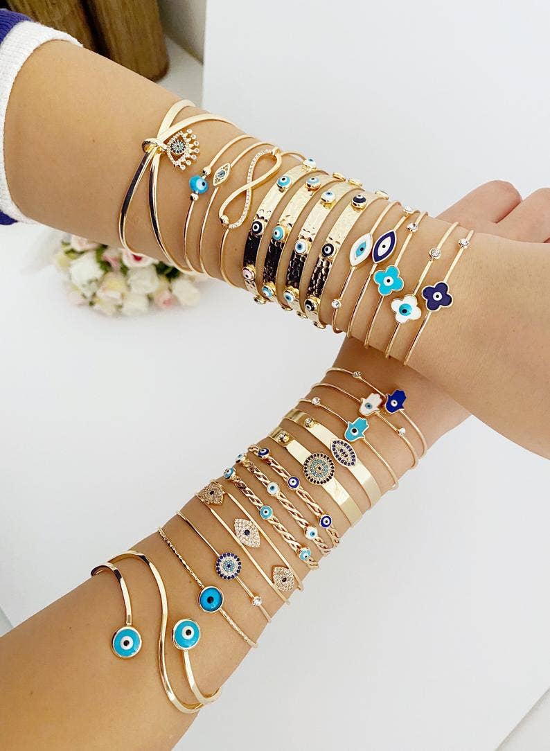 Evil Eye Cuff Bracelet, Gold Evil Eye Jewelry, Bangle Bracelet, 25 Styles