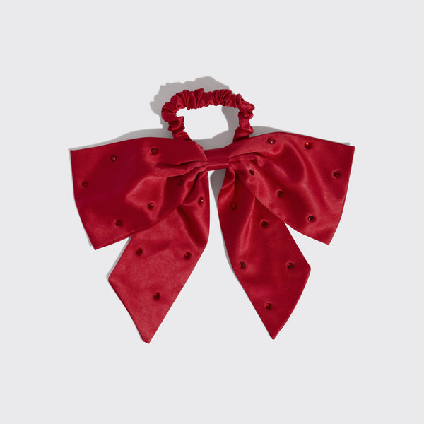 Holiday Satin & Rhinestone Bow Scrunchie