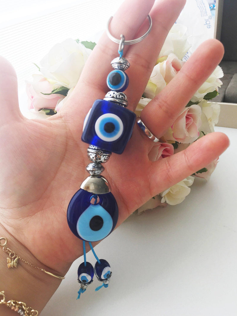 Evil Eye Key Chain, Square Evil Eye Beads, Evil Eye Key Ring, Evil Eye Bag Charm