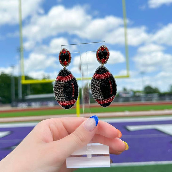 BEADED BLACK AND RED FOOTBALL EARRINGS