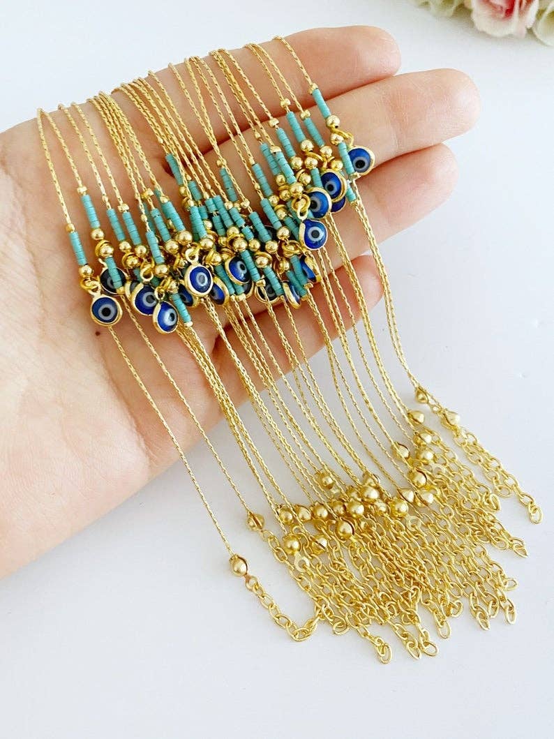 Gold Evil Eye Bracelet, Miyuki Bead Bracelet, Blue Evil Eye Charm, Seed Beads