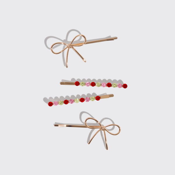 Holiday Gemstone and Bow Bobby Pins 4pc Set