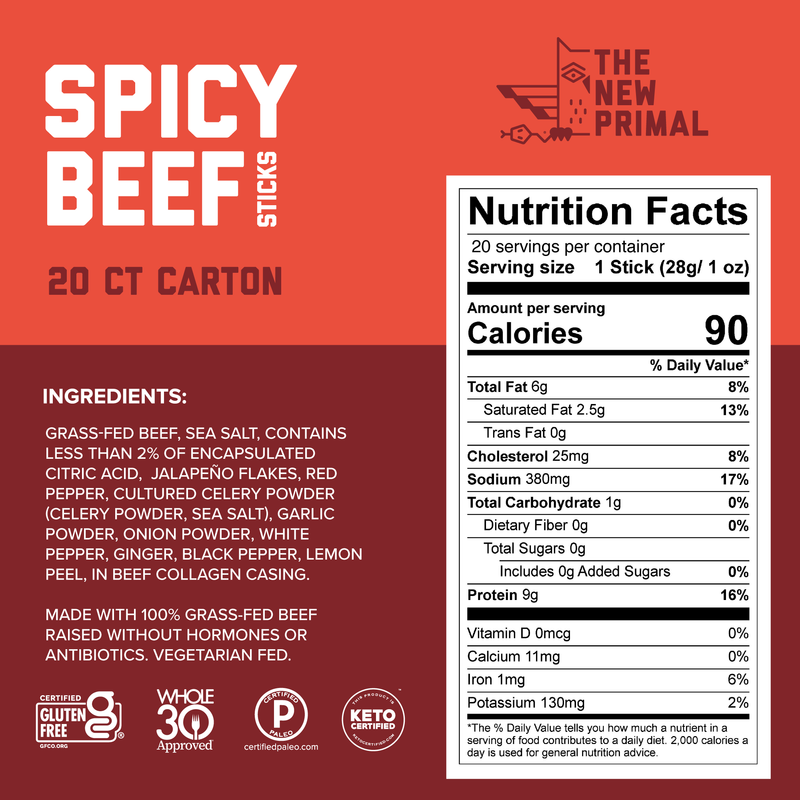 Spicy Beef 100% Grass-Fed Meat Sticks, Zero Sugar