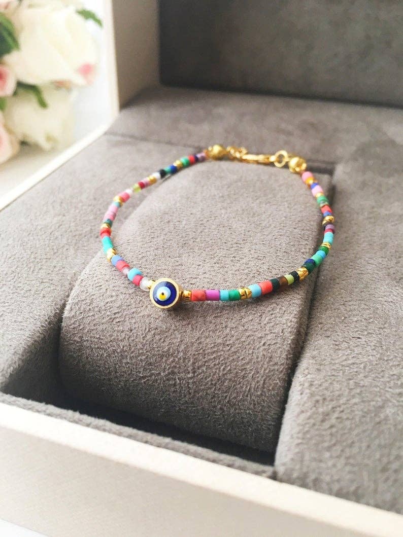 Rainbow Evil Eye Bracelet, Seed Beads Bracelet, Greek Evil Eye Jewelry