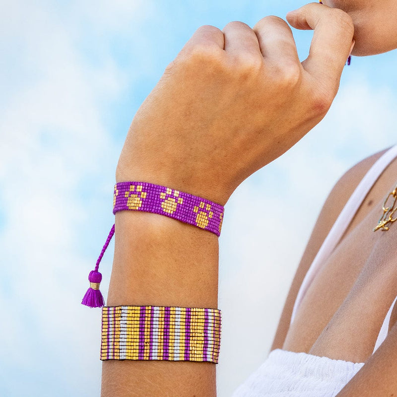 Gabby "Paw Prints" Adjustable Beaded Bracelet Purple + Yellow