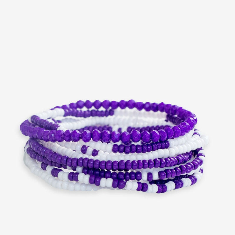 Sage Color Block Beaded 10 Stretch Bracelets Purple + White