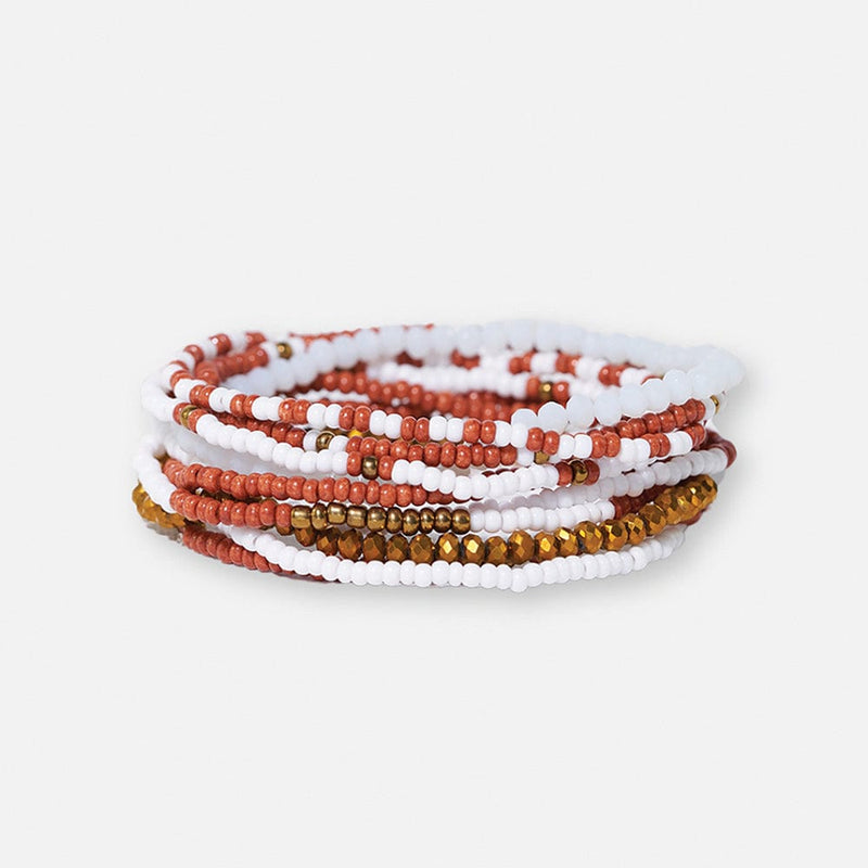 Sage Color Block Beaded 10 Strand Stretch Bracelets Rust + White