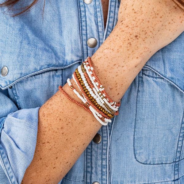 Sage Color Block Beaded 10 Strand Stretch Bracelets Rust + White