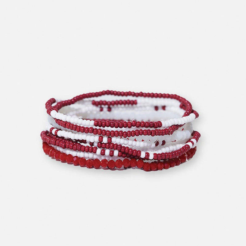 Sage Color Block Beaded 10 Strand Stretch Bracelets Dark Red + White