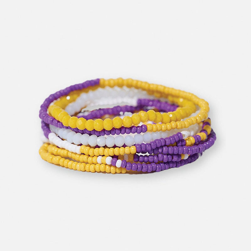 Sage Color Block Beaded 10 Stretch Bracelets Purple + Yellow