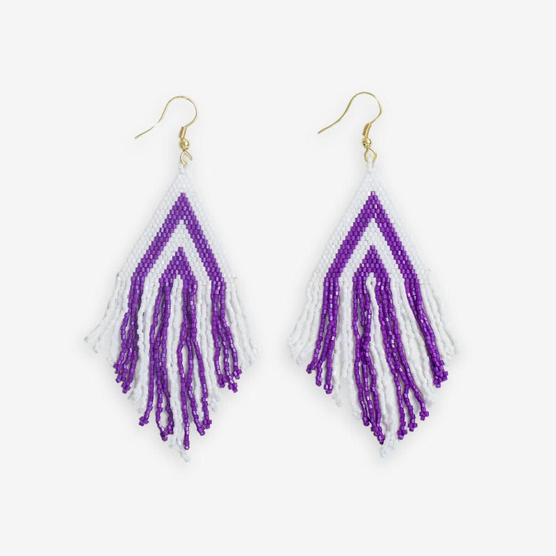 Haley Stacked Triangle Beaded Fringe Earrings Purple + White