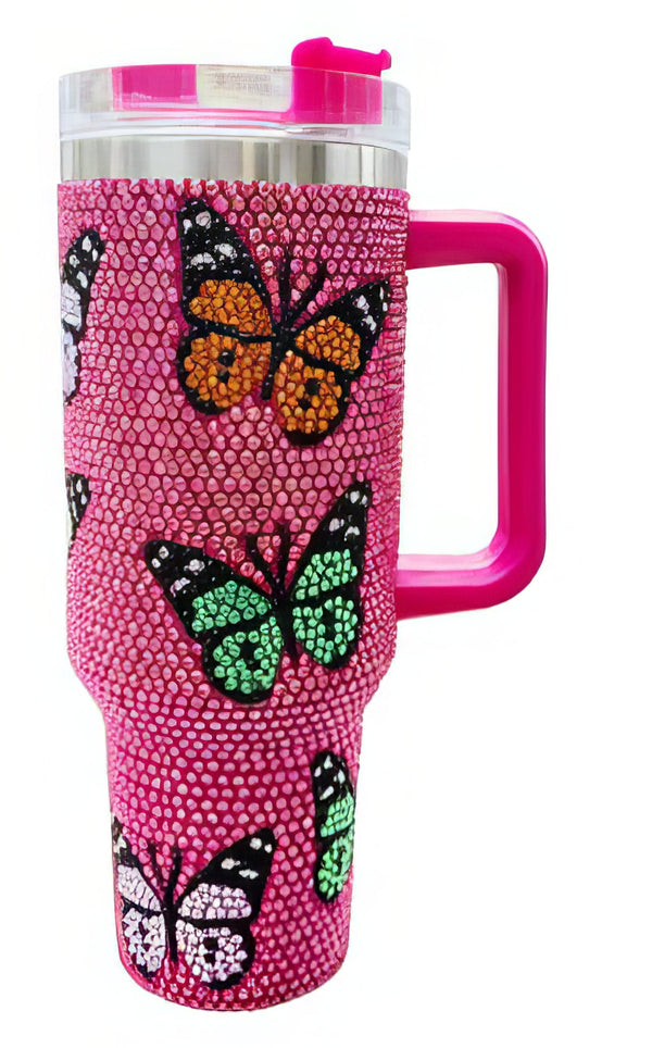 Queen of Sparkles - Tumbler - Hot Pink Butterfly Rhinestone