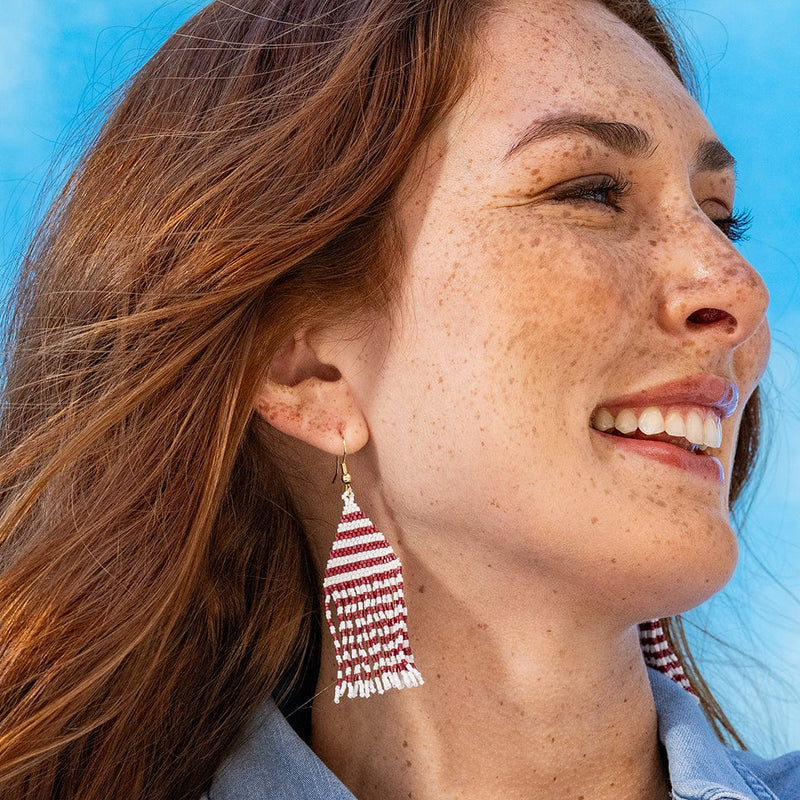 Lexie Horizontal Lines Beaded Fringe Earrings Dark Red + White