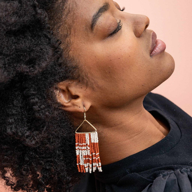 Whiteney Shifting Blocks Beaded Fringe Earrings Burnt Orange