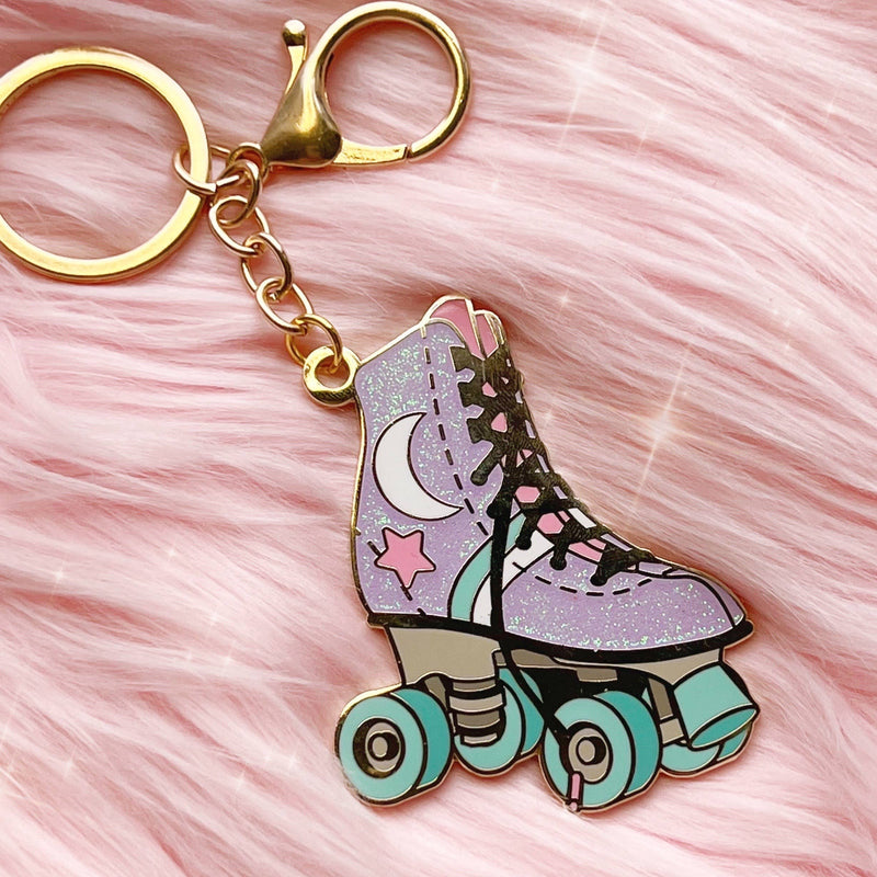 Roller Skate Enamel Keychain - Celestial, Lilac Glitter